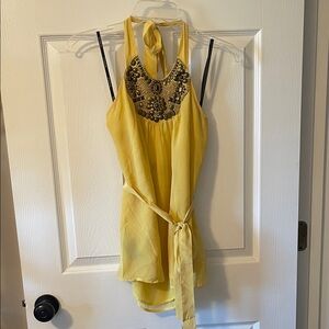 bebe Yellow Backless Dress with Embellished Neckline
